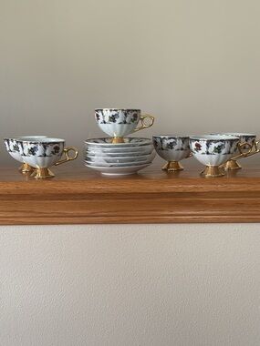 Gold-Accented White Porcelain Tea Cup Set with Floral Trim